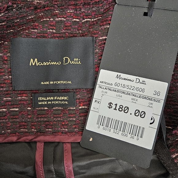 Massimo Dutti Blazer Wool Blend Tweed Burgundy Long Sleeve Career Jacket 4 - Picture 6 of 11